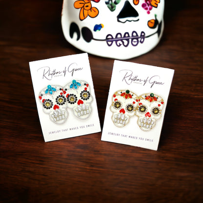Sugar Skull Earrings - Halloween Earrings, Rhinestone Skull, Halloween Teacher, Jeweled Halloween, Skeleton Earrings - Rhythms of Grace Creative