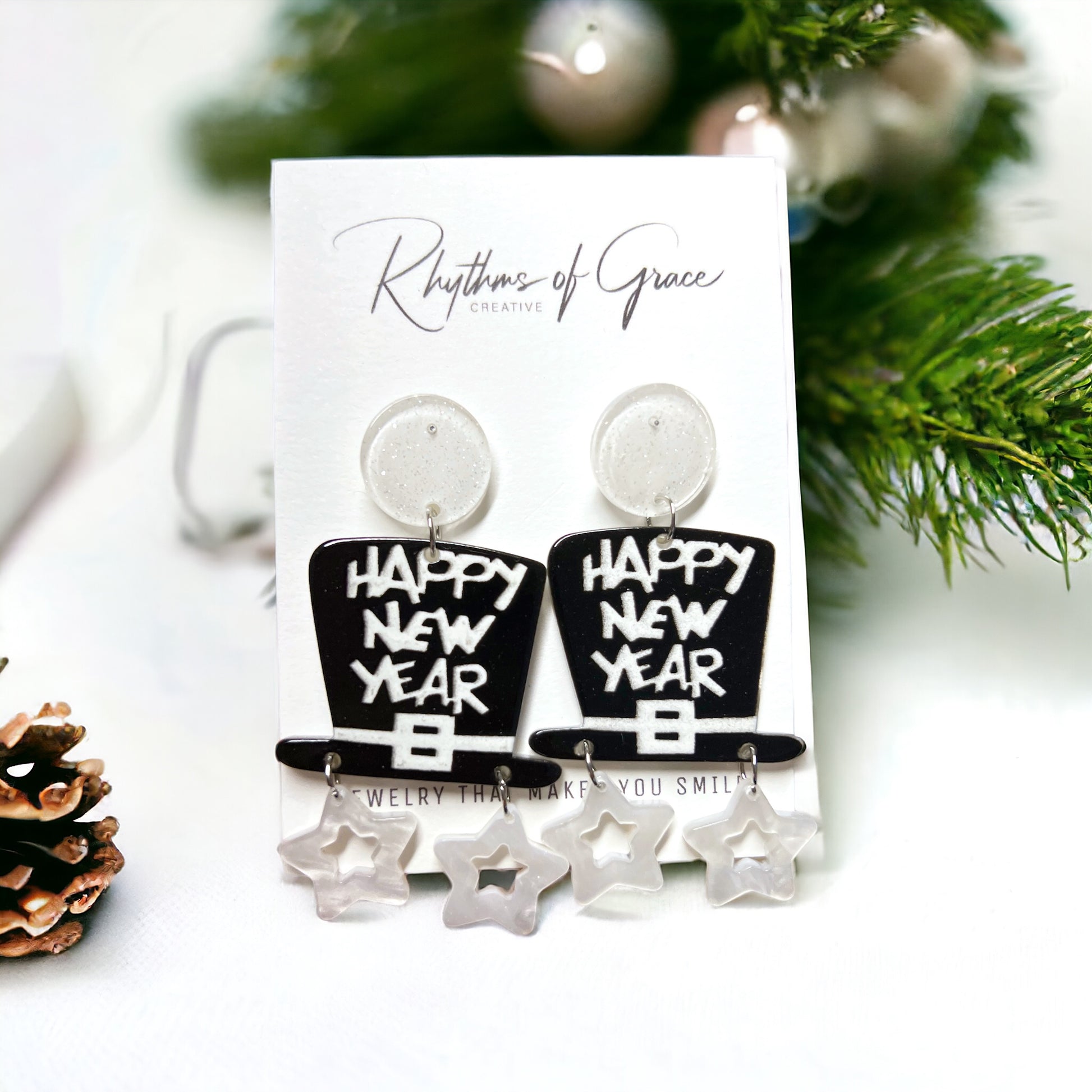 Black & White “Happy New Year” Earrings - Rhythms of Grace Creative