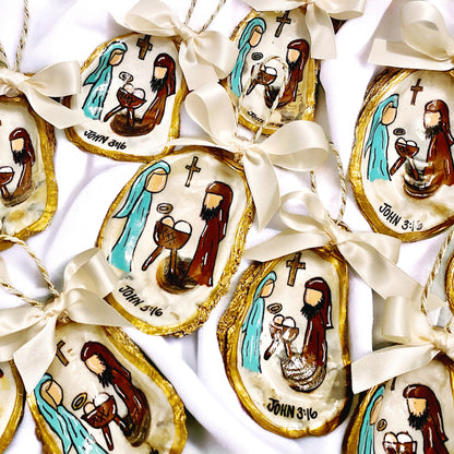 Hand-Painted Oyster Shell Christmas Ornament: "John 3:16"