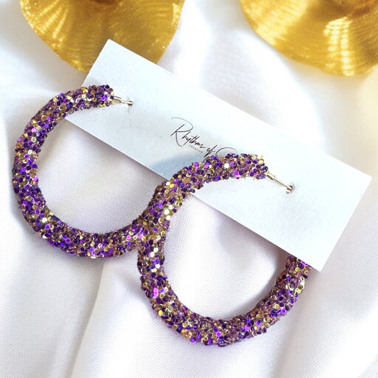 Shimmering Elegance: Purple and Gold Glitter Hoops