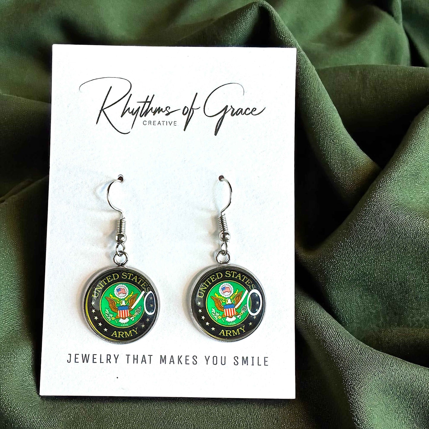 Military Mom Marvels: Army Cabochon Dangle Earrings!