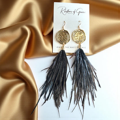 Boho Glam Vibes: Black Feather & Gold Charm Dangle Earrings – Lightweight, Bold & Beautiful!
