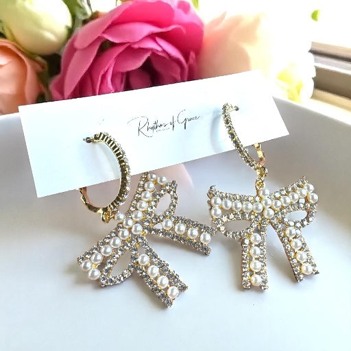 Sparkle & Shine: Rhinestone & Faux Pearl Bow Hoop Earrings