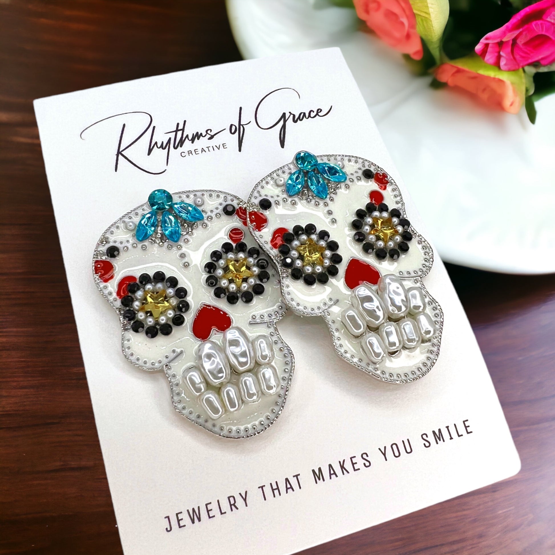 Sugar Skull Earrings - Halloween Earrings, Rhinestone Skull, Halloween Teacher, Jeweled Halloween, Skeleton Earrings - Rhythms of Grace Creative