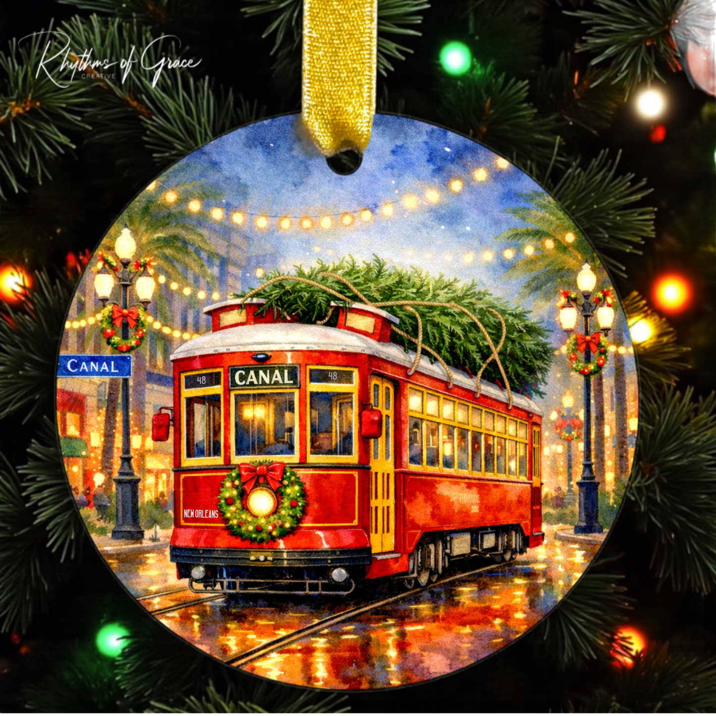 New Orleans Streetcar Christmas Ornament – Canal Street Watercolor Keepsake