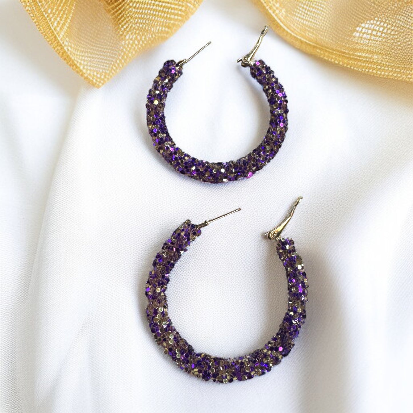 Shimmering Elegance: Purple and Gold Glitter Hoops