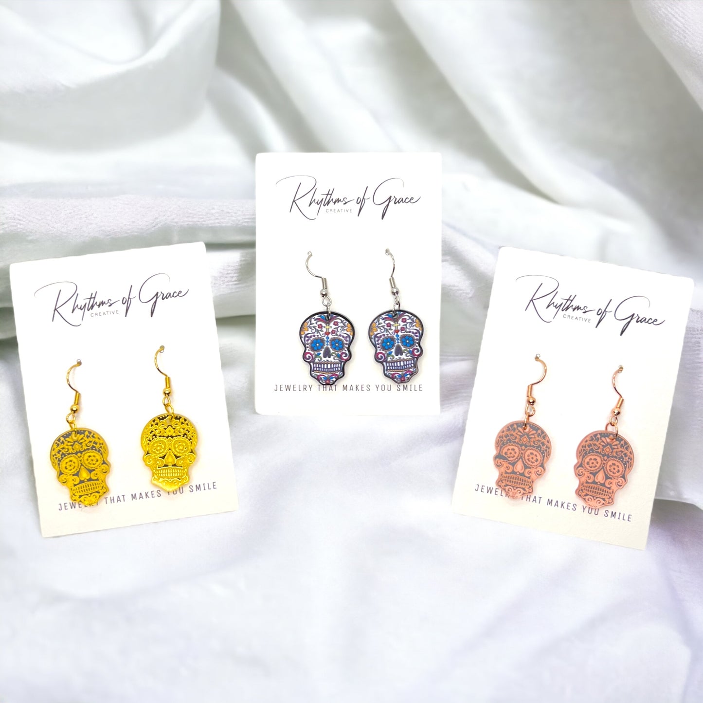 Metallic Skull Earrings - Halloween Earrings, Skeleton Earrings, Halloween Skull, Halloween Earrings, Sugar Skull, Trick or Treat - Rhythms of Grace Creative