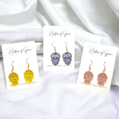 Metallic Skull Earrings - Halloween Earrings, Skeleton Earrings, Halloween Skull, Halloween Earrings, Sugar Skull, Trick or Treat - Rhythms of Grace Creative