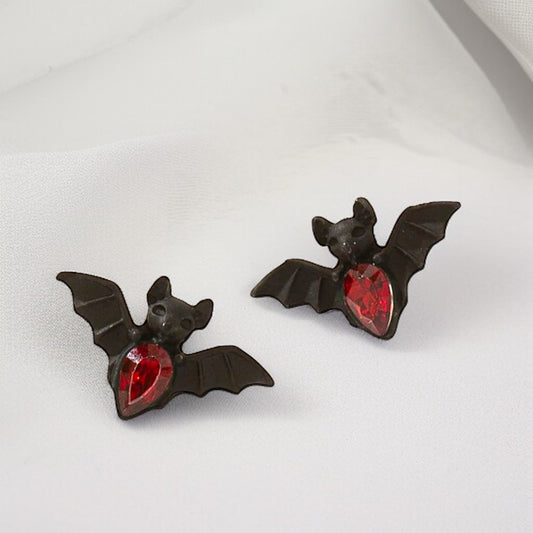 Bat-tastic Bling: Red & Black Rhinestone Stud Earrings!