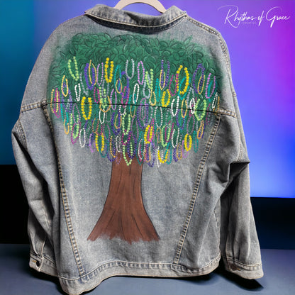 Hand Painted Jean Jacket: “Mardi Gras Bead Tree”