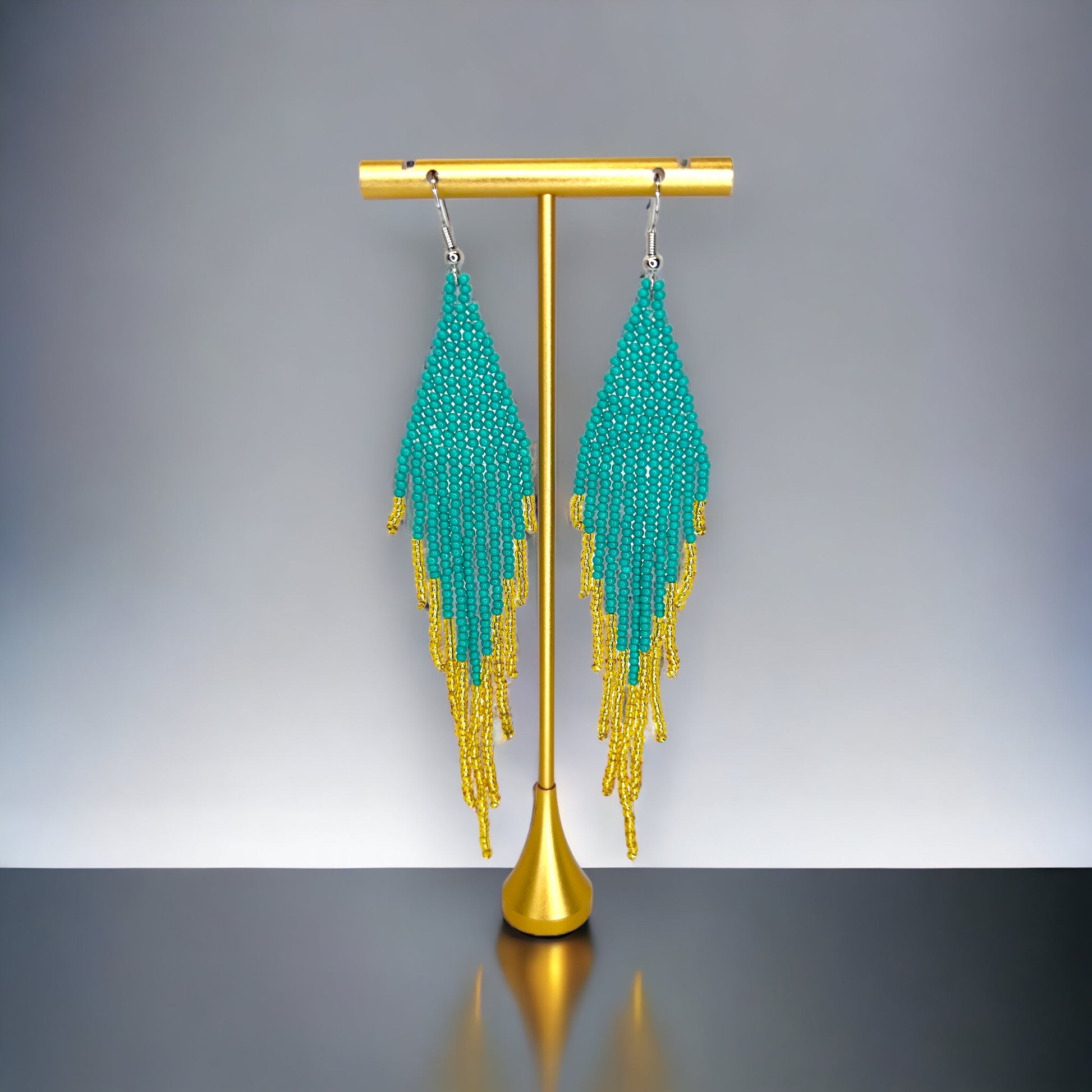 Boho Beaded Earrings - Teal and Gold, Boho Earrings, Bohemian Style, Kentucky Derby, Beaded Accessories, Handmade Jewelry - Rhythms of Grace Creative