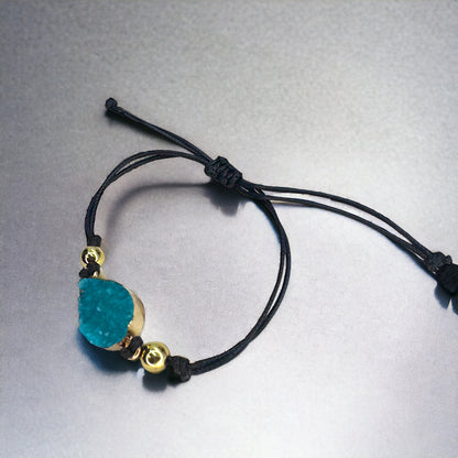 Black Leather Bracelet with Gold and Turquoise Charm