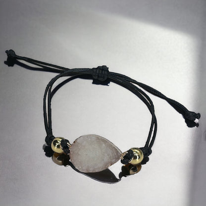 Black Leather Bracelet with Gold and White Charm