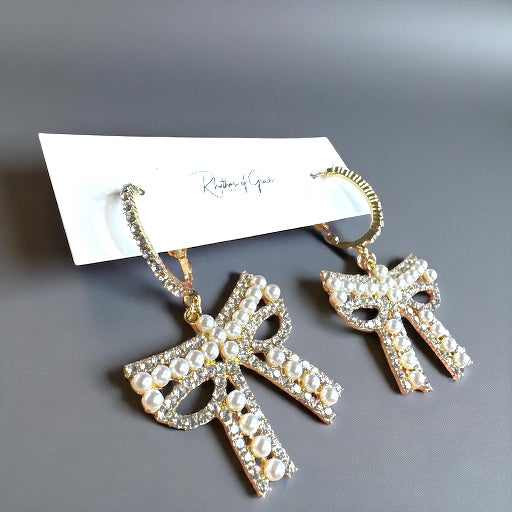Sparkle & Shine: Rhinestone & Faux Pearl Bow Hoop Earrings