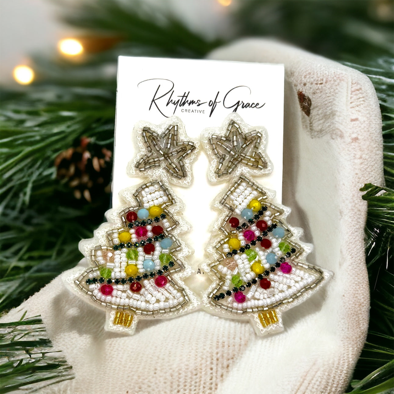 Sparkling Winter Charm: Beaded White Christmas Tree Earrings!