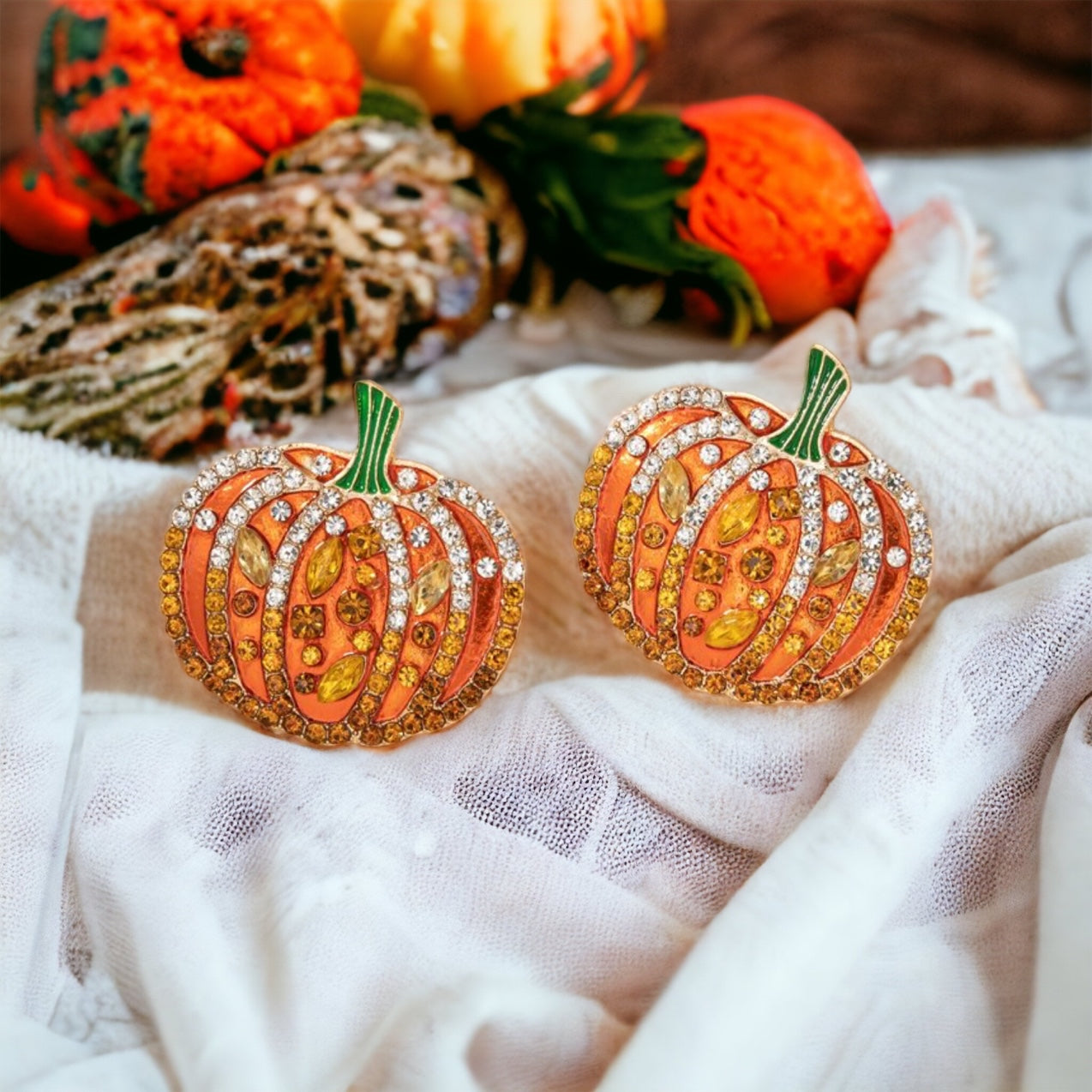 Rhinestone Pumpkin Earrings - Halloween Earrings, Autumn Accessories, Pumpkin Jewelry, Fall Accessories - Rhythms of Grace Creative