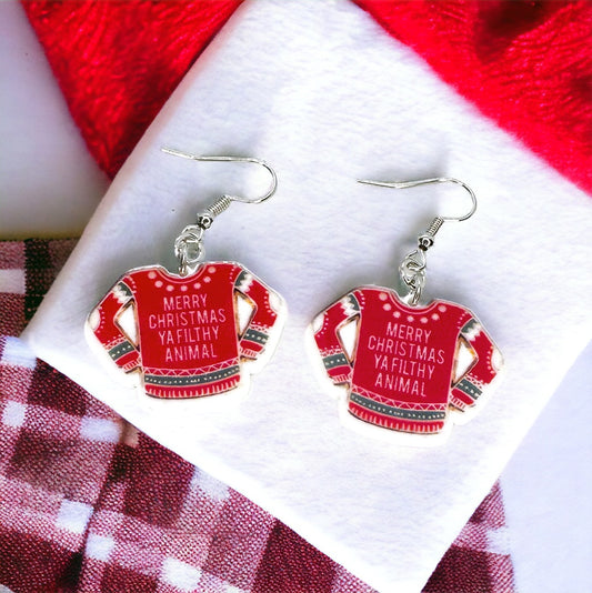 Sass Meets Sweater – “Merry Christmas Ya Filthy Animal” Dangle Earrings