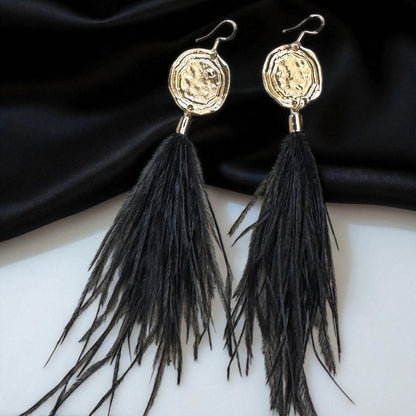 Boho Glam Vibes: Black Feather & Gold Charm Dangle Earrings – Lightweight, Bold & Beautiful!