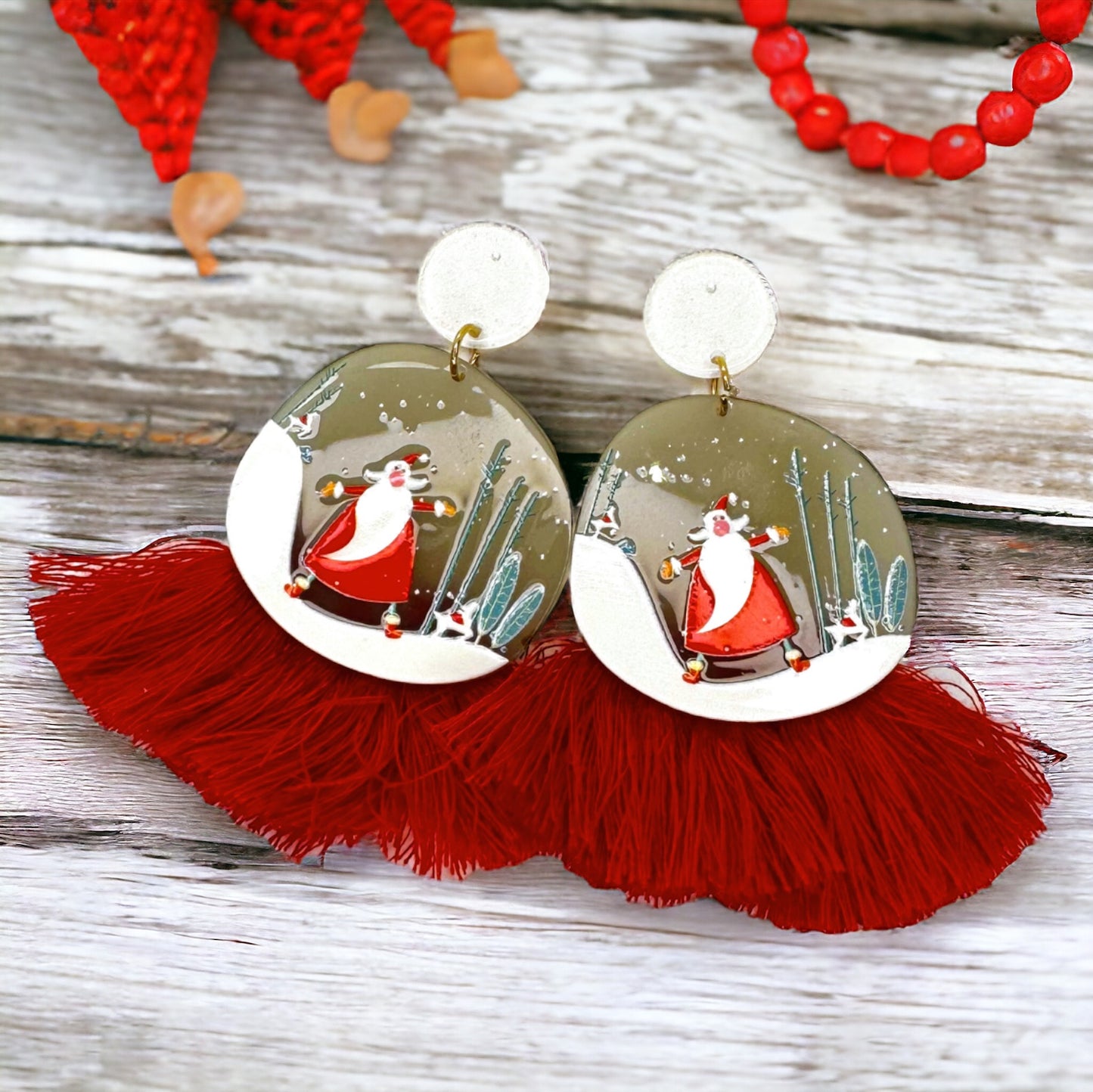 Festive Snowglobe Earrings - Santa Claus Christmas Drop Earrings with Fringe | Holiday Jewelry Gift - Rhythms of Grace Creative