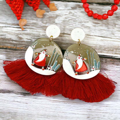 Festive Snowglobe Earrings - Santa Claus Christmas Drop Earrings with Fringe | Holiday Jewelry Gift - Rhythms of Grace Creative