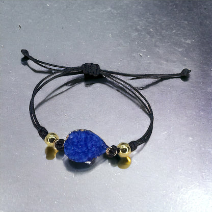 Black Leather Bracelet with Gold and Blue Charm