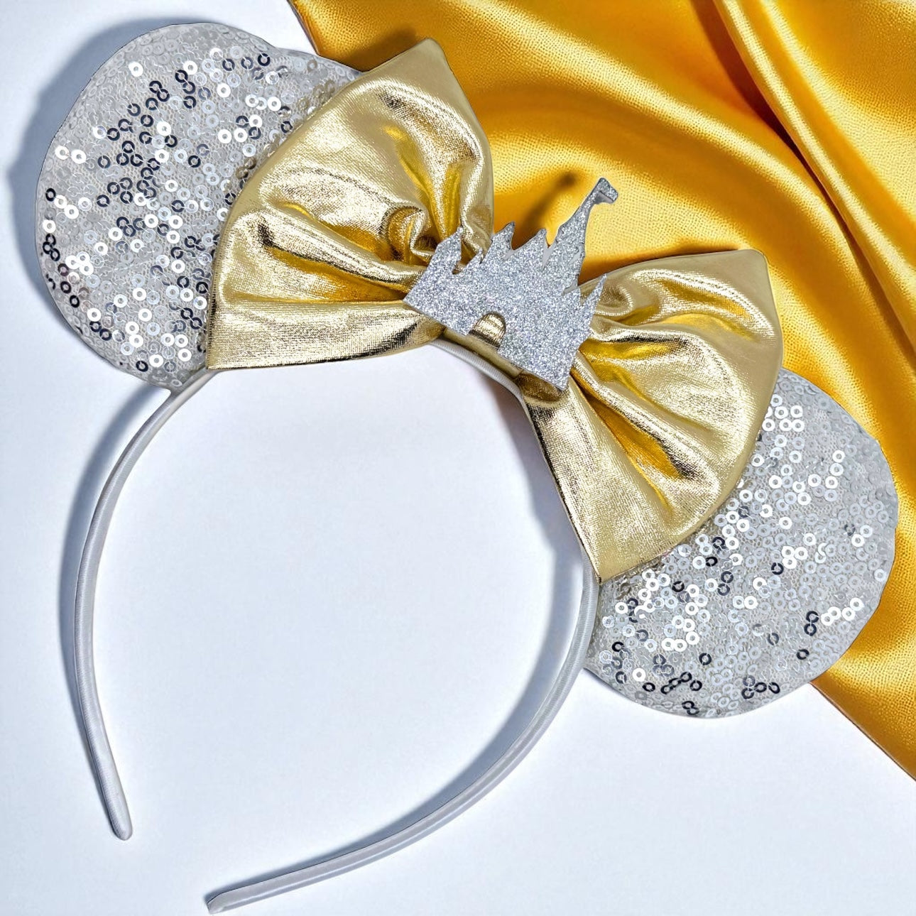Princess Castle Mouse Ears, Gold Bow, Silver or Gold Castle - Brand New!