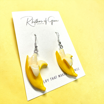 Peeled Banana Dangle Earrings | Savannah Bananas Inspired Jewelry | Fun Acrylic Statement Earrings | Lightweight Fruit Earrings