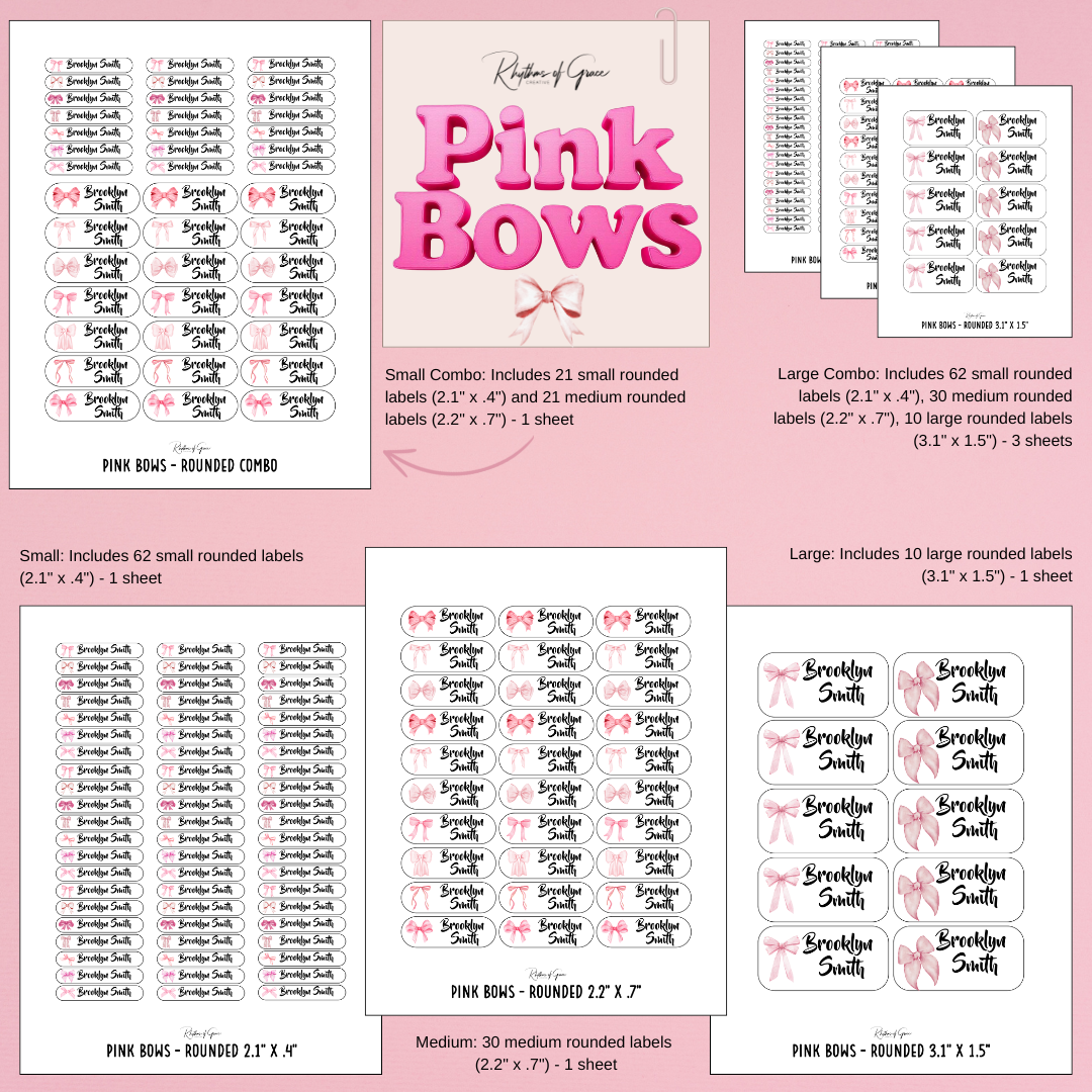 Collection of pink bow-themed labels with different sizes on a pink background.