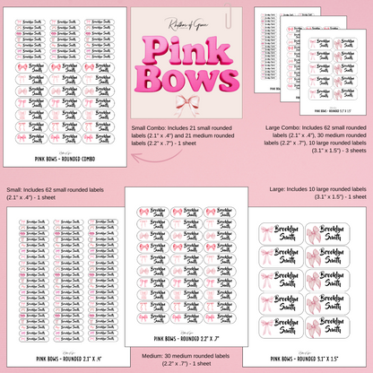 Collection of pink bow-themed labels with different sizes on a pink background.