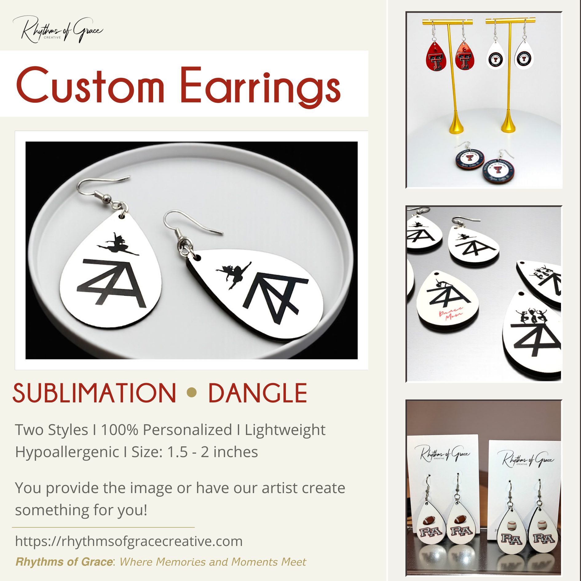 Custom earrings with black and white designs on a beige background, featuring text about customization options.