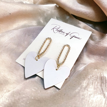 White Heart Earrings - Rhinestone Earrings, White Earrings, Handmade Earrings, Heart Accessories - Rhythms of Grace Creative