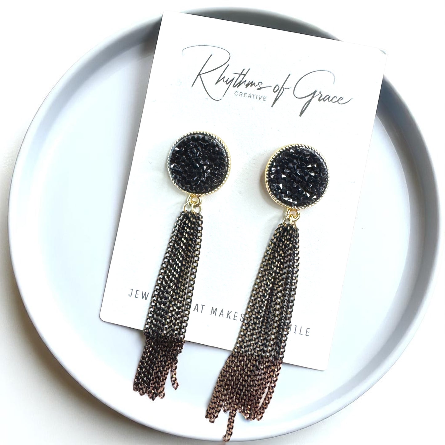 Glamorous Black & Gold Druzy Dangle Earrings - Sparkle & Shine! 🌟