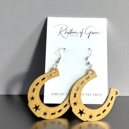 Saddle Up in Style with Our Wooden Horseshoe Dangle Earrings!