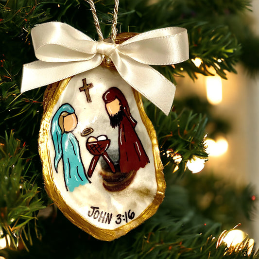Hand-Painted Oyster Shell Christmas Ornament: "John 3:16"