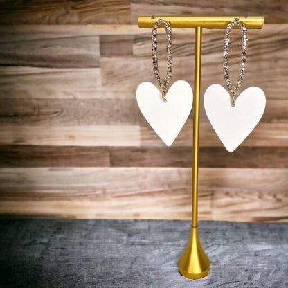White Heart Earrings - Rhinestone Earrings, White Earrings, Handmade Earrings, Heart Accessories - Rhythms of Grace Creative