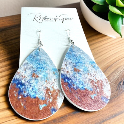 Chic Teardrop Dangle Earrings: Blue, White & Brown Delight
