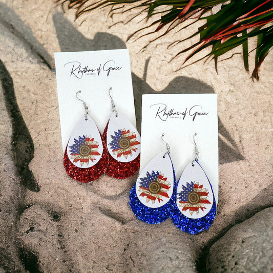 Patriotic Glitter Teardrop Earrings - Stylish Red, White & Blue Accessory