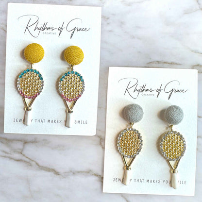 Sparkle on the Court with Our Rhinestone Tennis Racket Dangle Earrings! 🎾