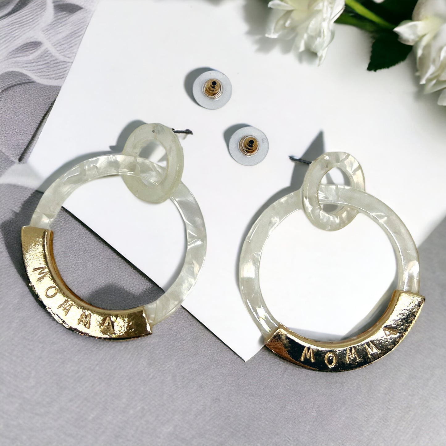 Unique Handmade Acrylic and Gold Earrings - "MAMA" Stamped - Great Gift for Mom!