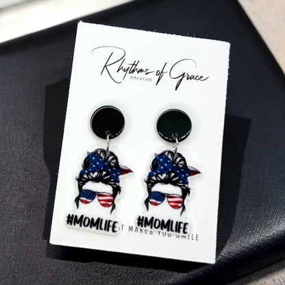 Patriotic Mom Earrings - Stainless Steel & Acrylic, Perfect for #MomLife