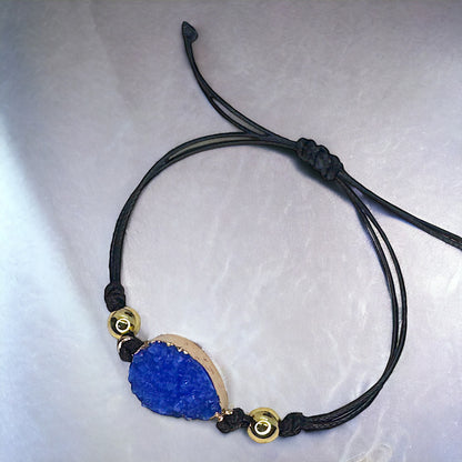 Black Leather Bracelet with Gold and Blue Charm