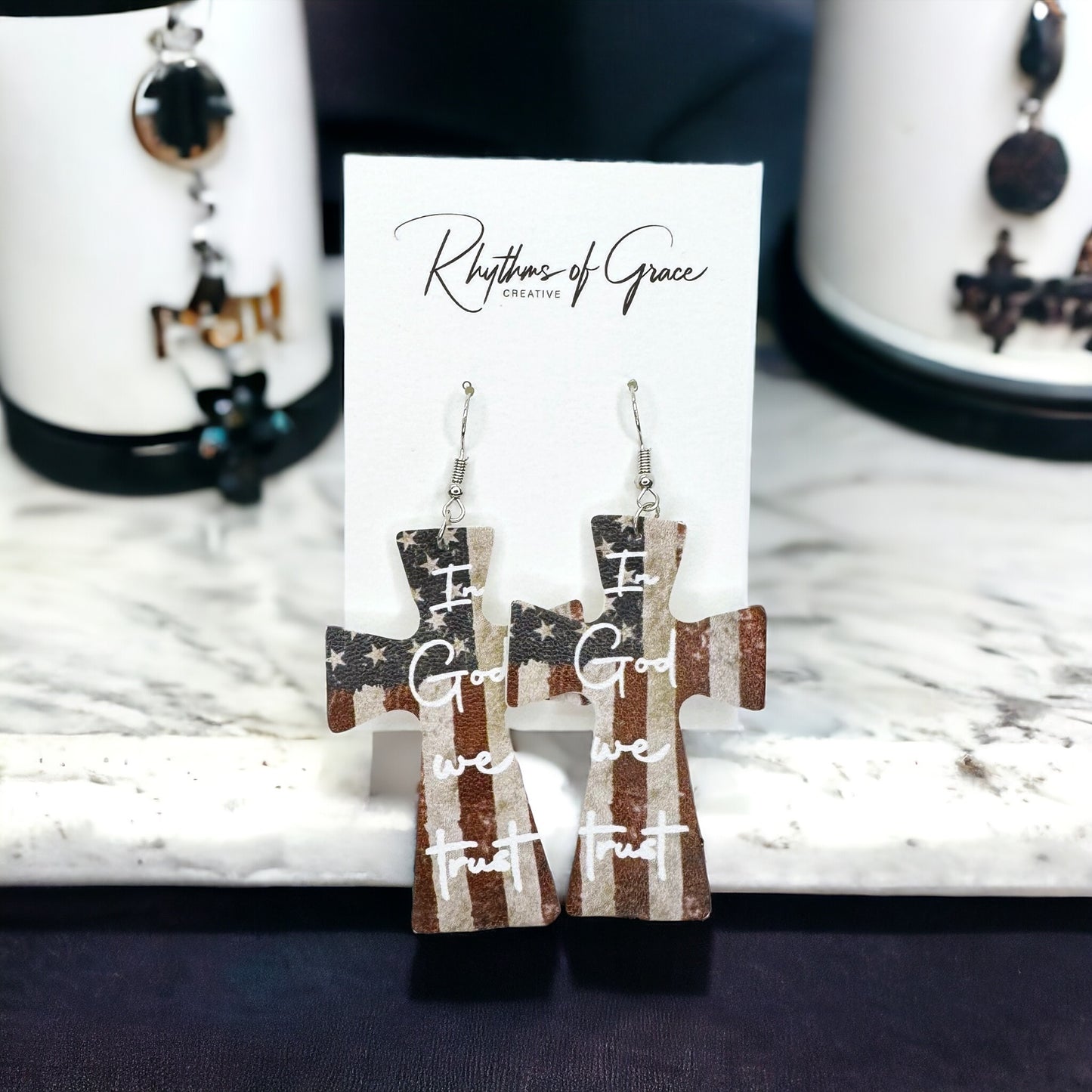Patriotic "In God We Trust" American Flag Cross Earrings - Unique Faith Design