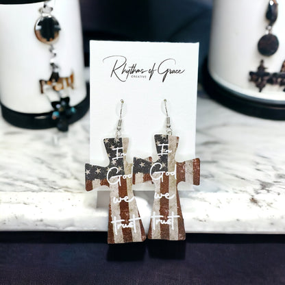Patriotic "In God We Trust" American Flag Cross Earrings - Unique Faith Design