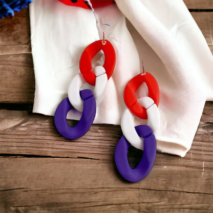 Vibrant Red, White, and Blue Chain Dangle Earrings - Statement Jewelry