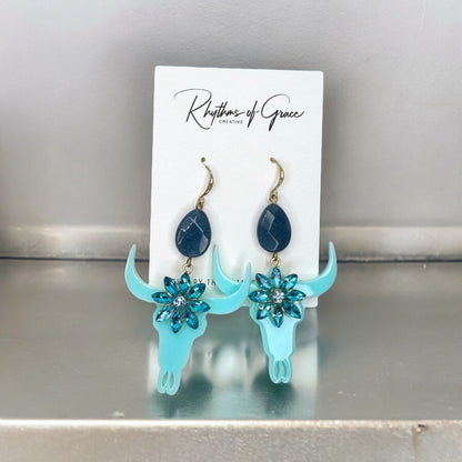 Striking Blue/Teal Longhorn Dangle Earrings - Versatile Western Style Statement Jewelry