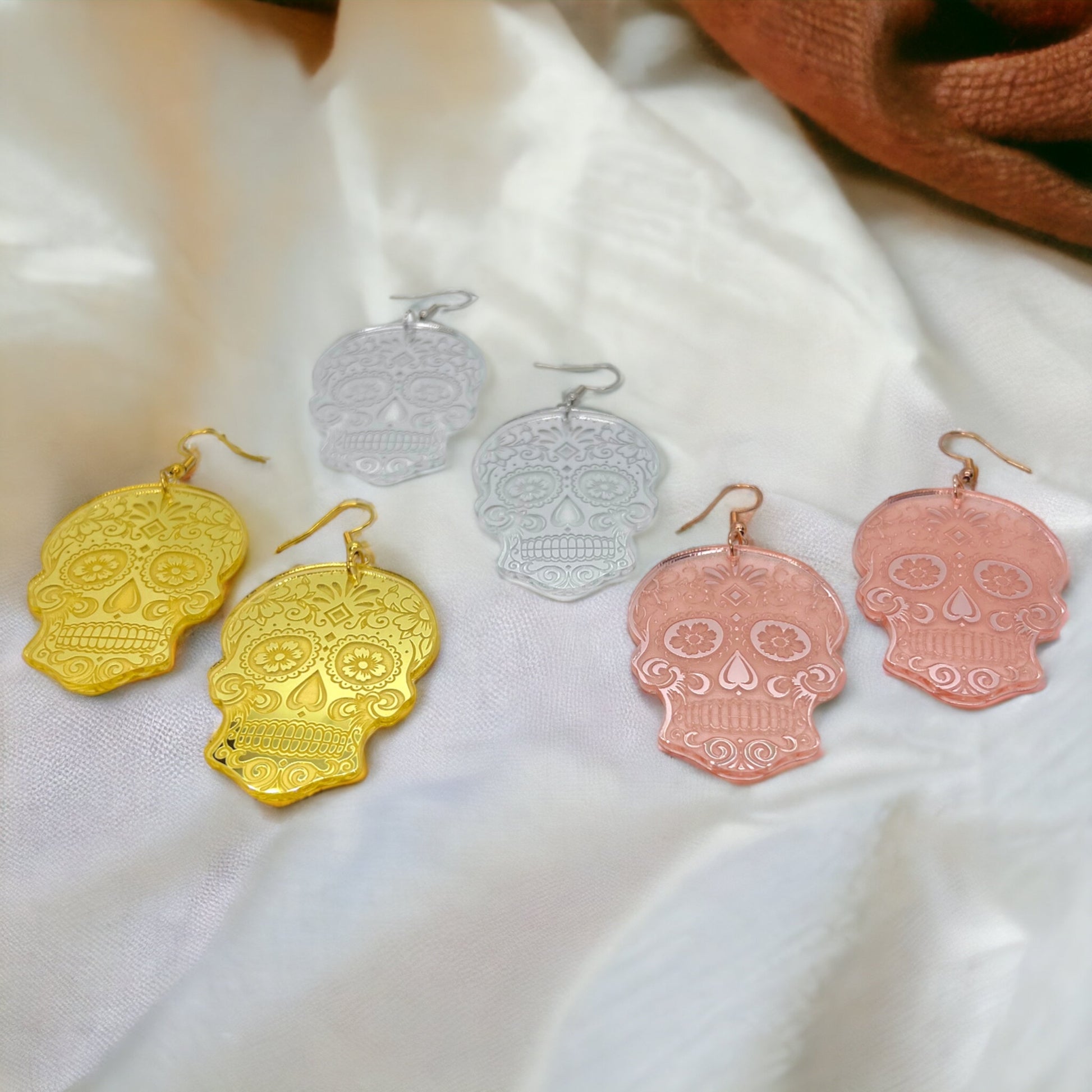Metallic Skull Earrings - Halloween Earrings, Skeleton Earrings, Halloween Skull, Halloween Earrings, Sugar Skull, Trick or Treat - Rhythms of Grace Creative