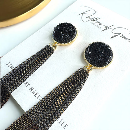 Glamorous Black & Gold Druzy Dangle Earrings - Sparkle & Shine! 🌟
