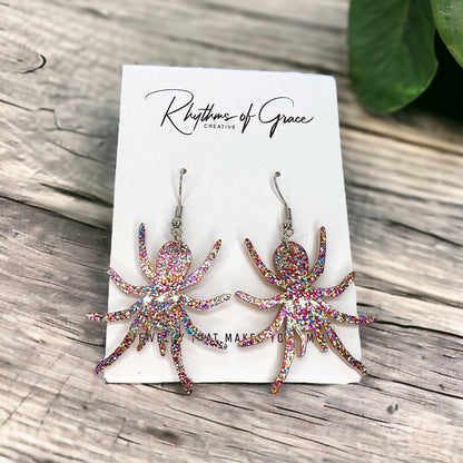Pink Glitter Spider Earrings - Halloween Earrings, Halloween Accessories , Spoder Accessories, Halloween Costume, Halloween Teacher - Rhythms of Grace Creative