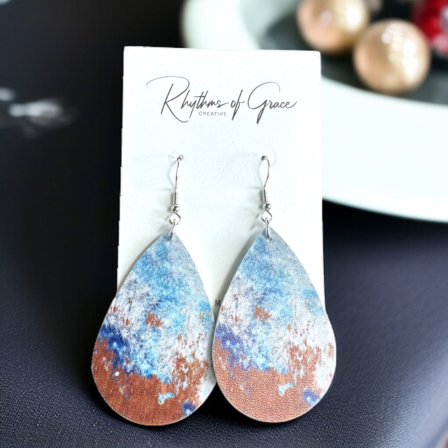 Chic Teardrop Dangle Earrings: Blue, White & Brown Delight