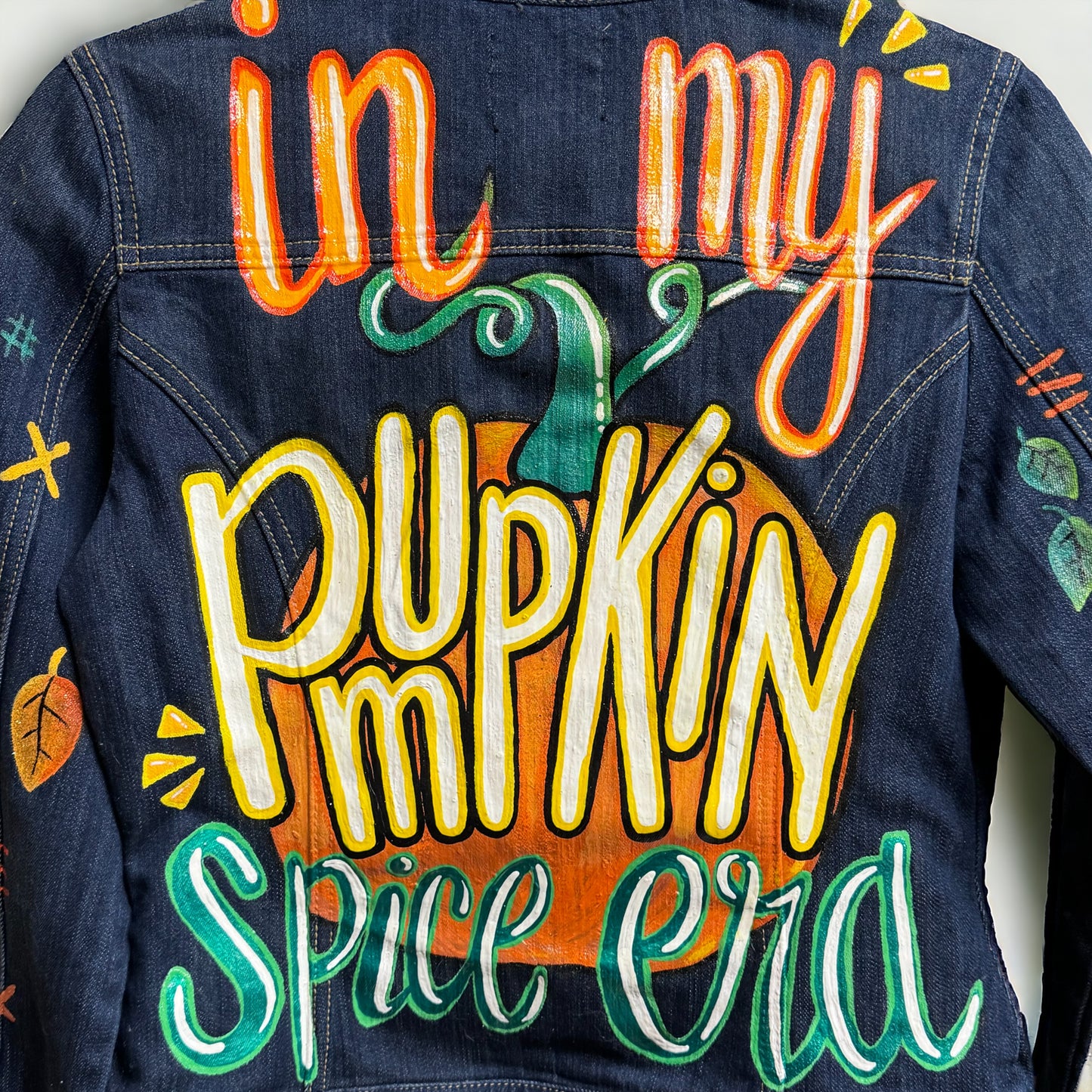 Hand Painted Jean Jacket: “In My Pumpkin Spice Era” I Ladies Size Small